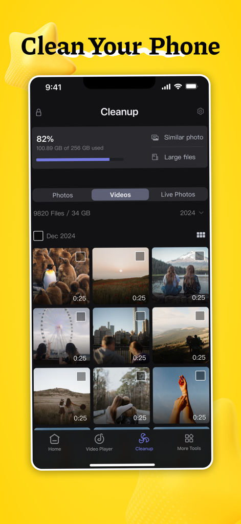 Storage cleanup interface on an iPhone displaying options to delete large files and similar photos.