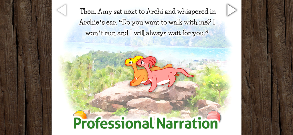 Read Along Book - Archi - Una escena del libro para leer Archi que presenta a dos personajes de dinosaurios y texto de narración profesional.