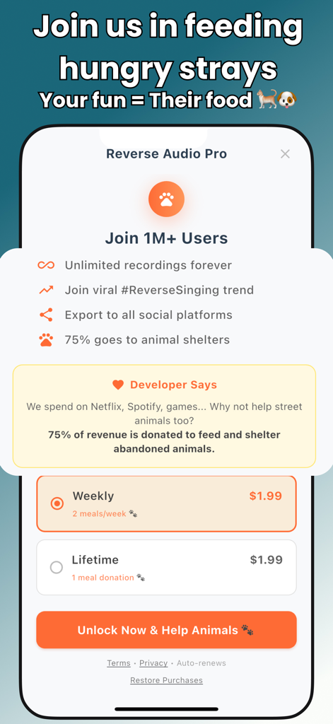 Pantalla de suscripción de la aplicación Dilo al Revés Pro que muestra las opciones de precios y los detalles de donación benéfica para refugios de animales.