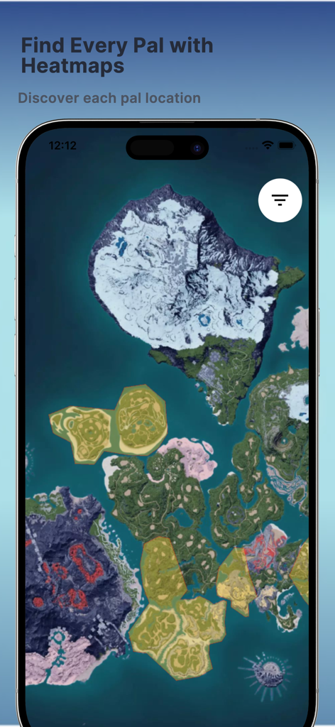 PalMap: Find and Explore Pals - Interactive map of Palworld showing Pal spawn heatmaps on a mobile device screen