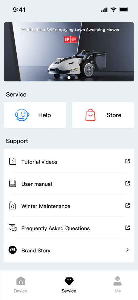 Mammotion - The service and support screen of the Mammotion app featuring tutorial videos, user manual, and FAQ links for robotic lawn mowers.
