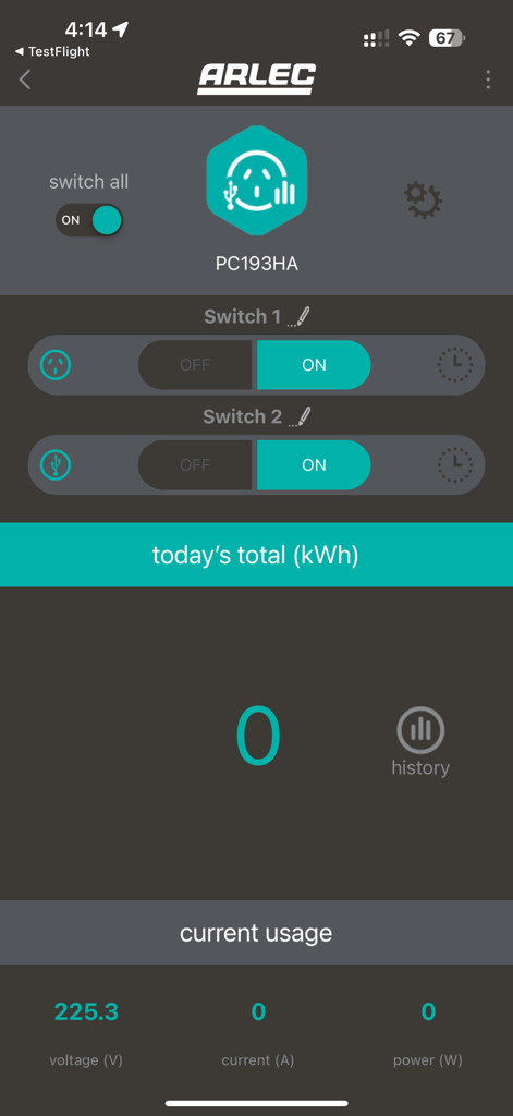Grid Connect app dashboard displaying smart switch controls and real-time energy usage data including voltage and power metrics