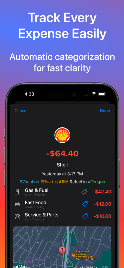 iPhone screen showing automatic categorization of a transaction with map location in the Money app