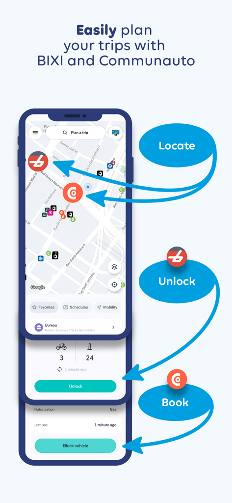 Interfaz de la aplicación Chrono que muestra un mapa integrado para localizar y reservar bicicletas BIXI y servicios de coche compartido Communauto