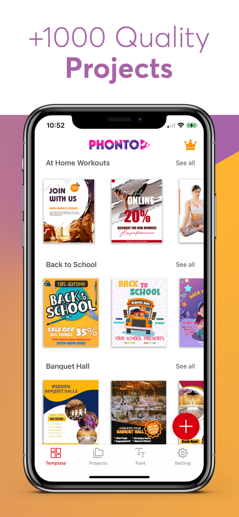 Phonto app interface showing a variety of graphic design templates for social media posters and flyers