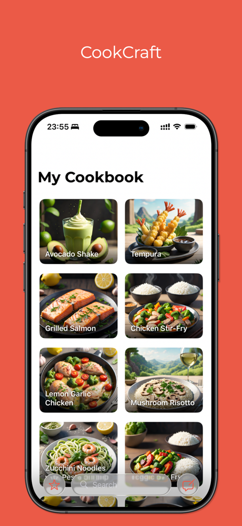 CookCraft: Cookbook + AI Magic - Smartphone screen displaying the My Cookbook section of the CookCraft app with a grid of illustrated food recipes.