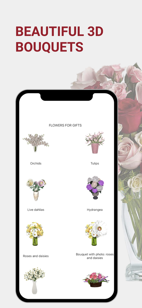 Mobile app screen showing various 3D virtual flower bouquets like orchids and tulips for digital gifting