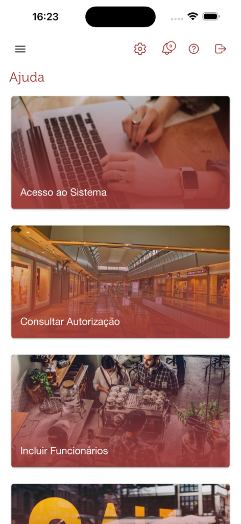 Canal Lojista - Interface of the Canal Lojista app showing the help menu with options for store management