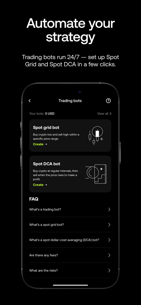 OKX: Buy Bitcoin BTC & Crypto - OKX mobile app interface displaying automated trading strategy options for Spot Grid and Spot DCA bots