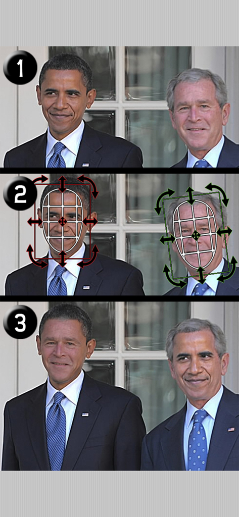 iSwap Faces Pro - A three step demonstration showing how to place masks and swap faces in the app