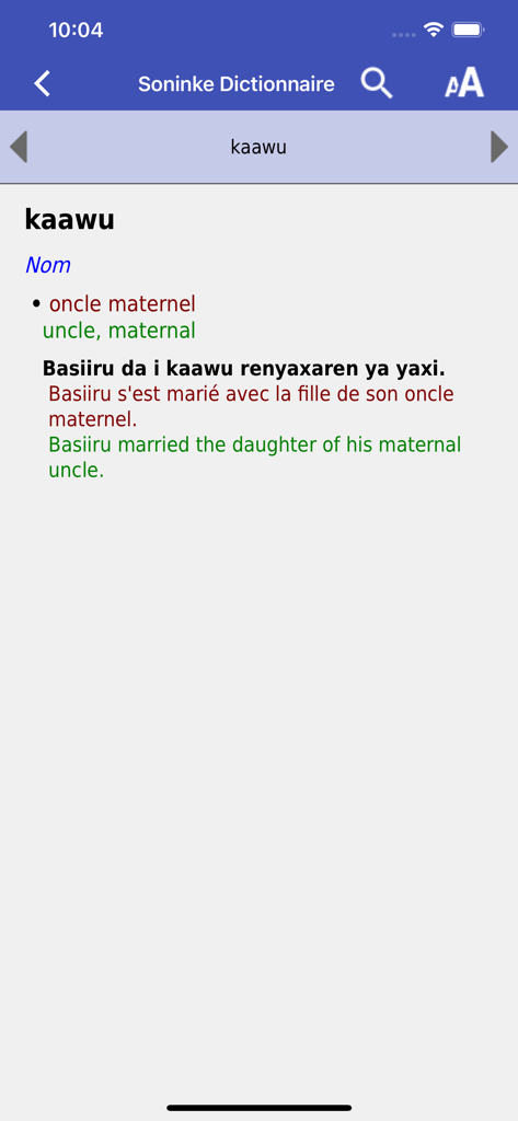 Trilingual dictionary entry for the Soninke word kaawu with translations in French and English