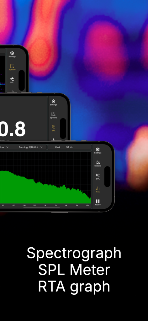 Interface of Smaart RTA app on three iPhones showing Spectrograph, SPL Meter, and RTA graph features for audio professionals.