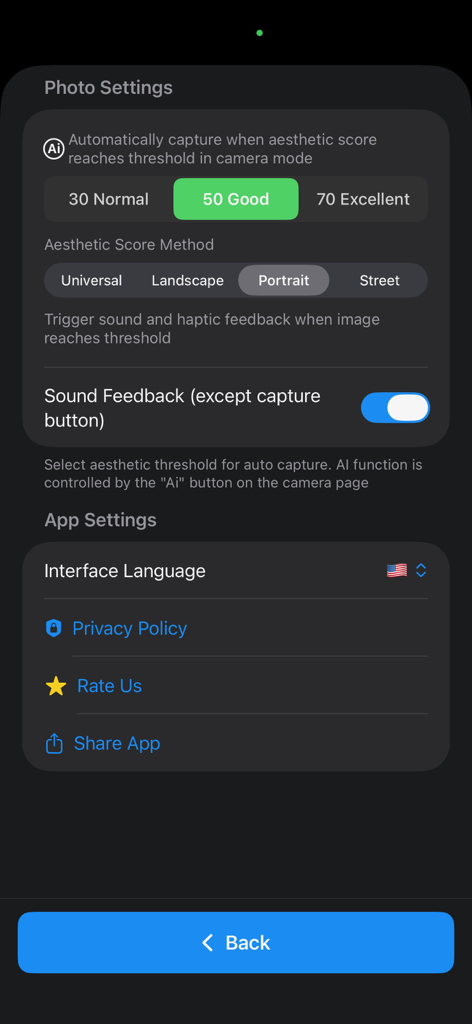 ComposeAI photo settings screen showing AI aesthetic score thresholds and composition method selection for auto capture