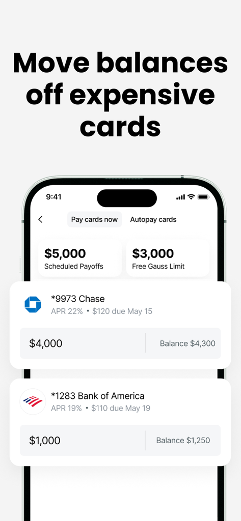 Gauss: Payoff Credit Card Debt - Gauss app interface showing credit card balance transfer and payoff scheduling