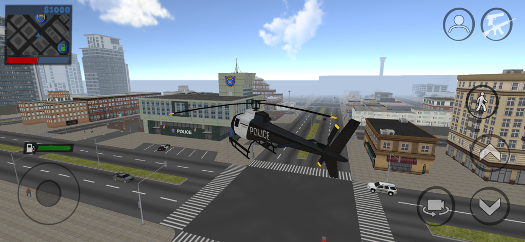 A police helicopter flying over an open world city intersection in Justice Rivals 3