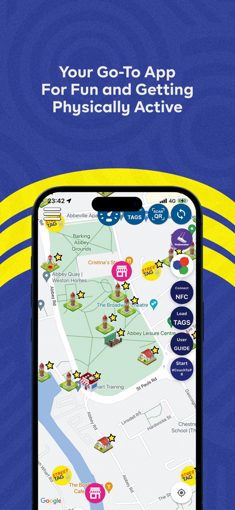 Street Tag - Street Tag mobile app map showing virtual tags and gamified fitness features.