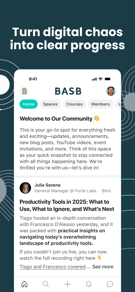 La schermata principale dell'app Building a Second Brain con un post di benvenuto della community e approfondimenti sugli strumenti di produttività