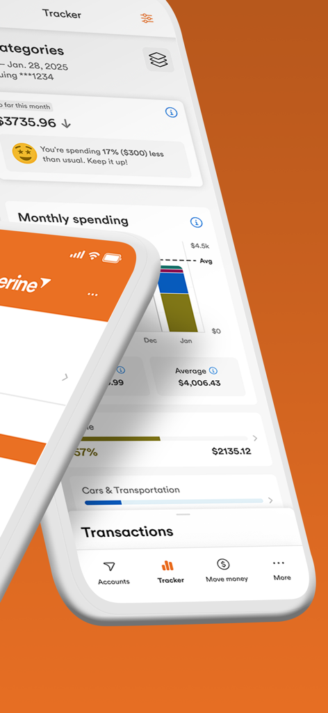 Tangerine Mobile Banking - Tangerine Mobile Banking app interface displaying monthly spending tracker and transaction categories