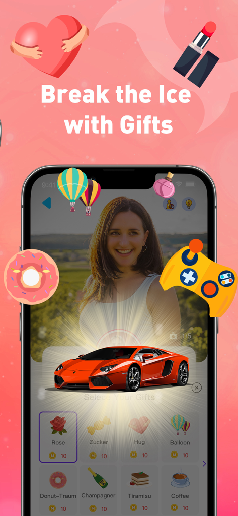 Interfaz de la aplicación de citas HMU mostrando un perfil de usuario con regalos virtuales como un coche deportivo y rosas para romper el hielo.