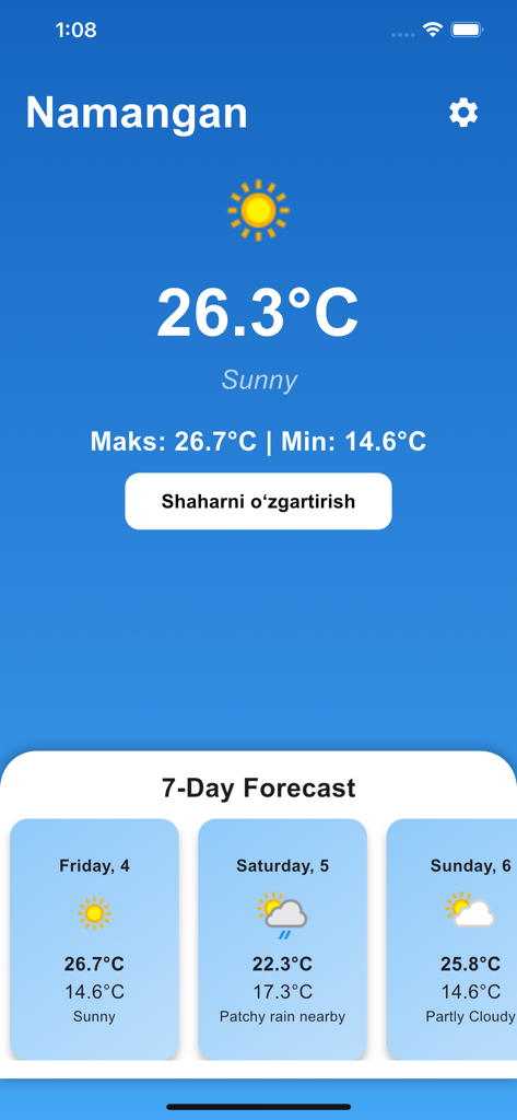 Ob havo Uzbekistan - Ob havo Uzbekistan app screenshot showing the current weather and 7-day forecast for Namangan