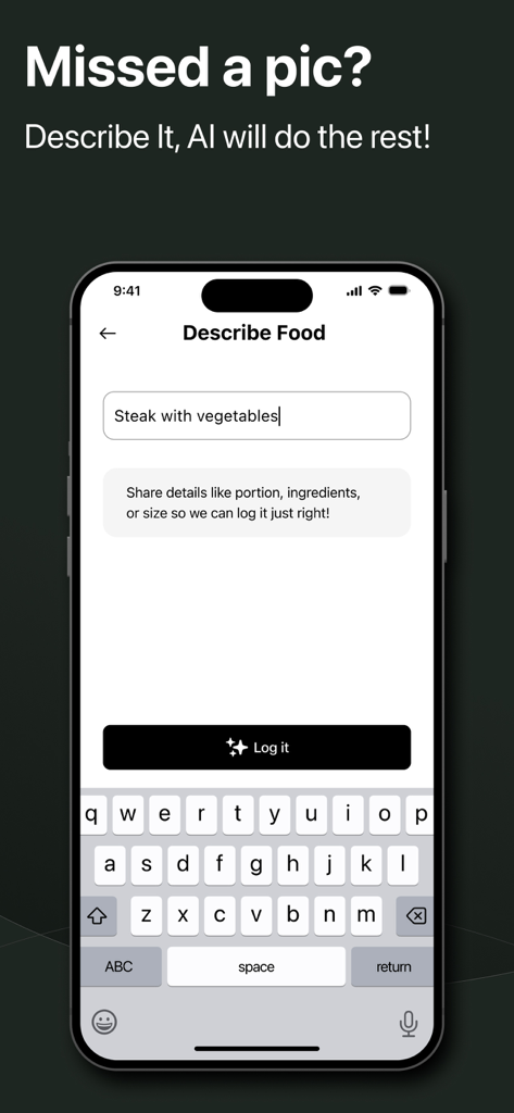 CalZen AI Food Calorie Counter - CalZen KI App-Oberfläche, die zeigt, wie man Lebensmittel durch Eingabe einer Textbeschreibung protokolliert