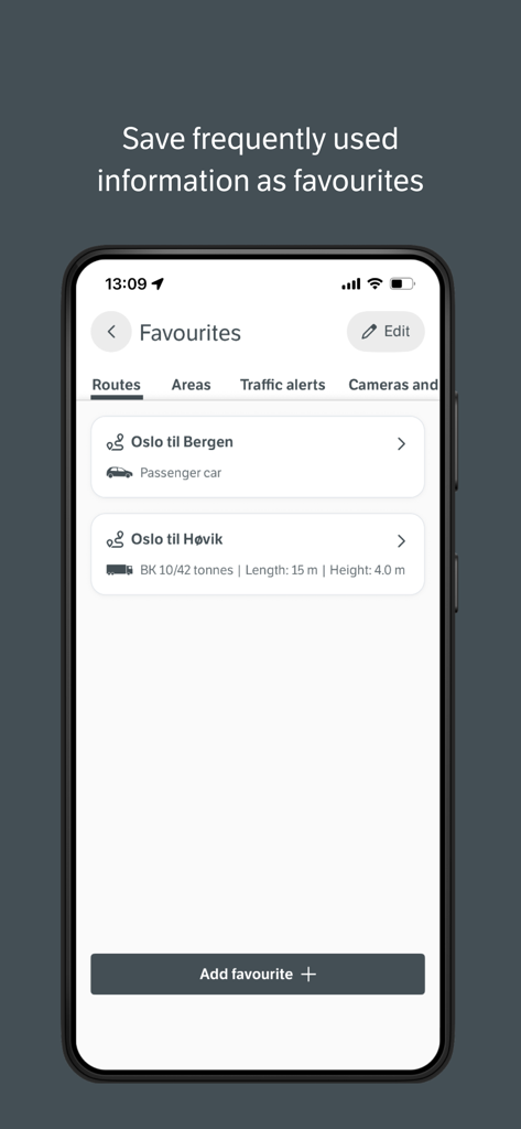 Écran des favoris de l'application Vegvesen trafikk montrant les itinéraires enregistrés pour différents types de véhicules