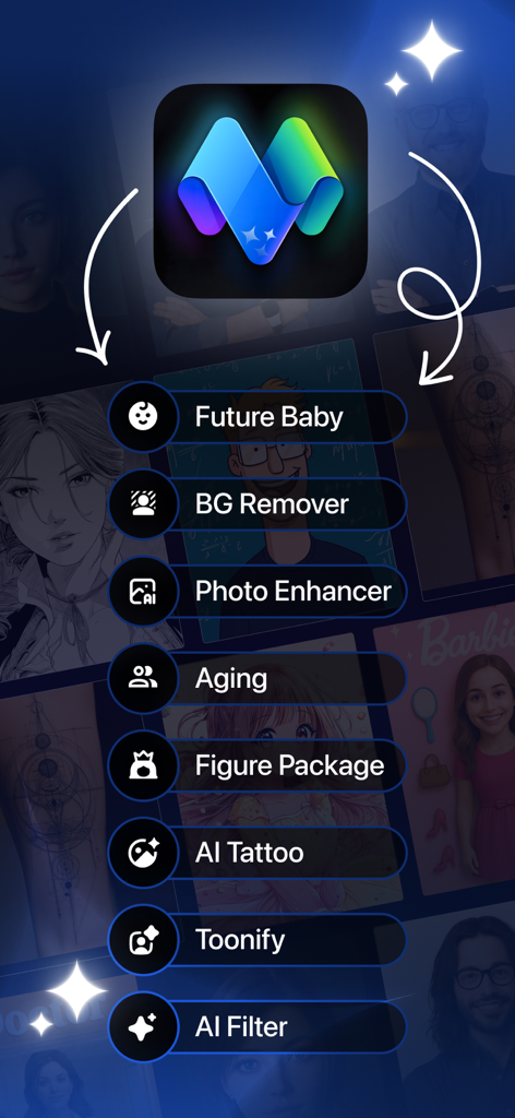 MePic - AI Photo Generator - Menú del Generador de Fotos con IA de MePic mostrando funciones como Futuro Bebé y Mejorador de Fotos