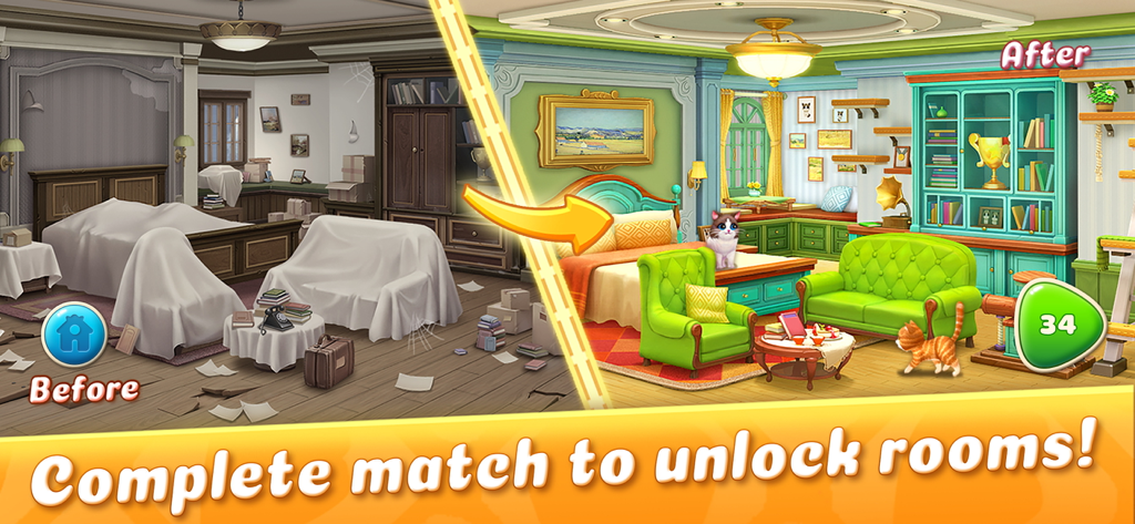 Kitten Match - A before and after comparison showing a dusty bedroom transformed into a colorful renovated room with cats in Kitten Match