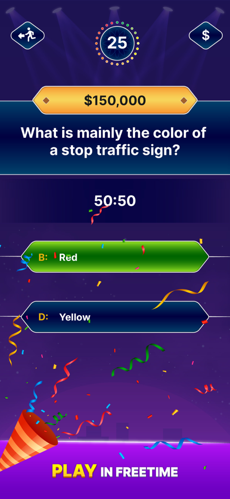 Millionaire Quiz: Trivia Games - A screenshot of a millionaire style trivia game showing a 150,000 dollar question with a 50 50 lifeline used and confetti celebrating a correct answer