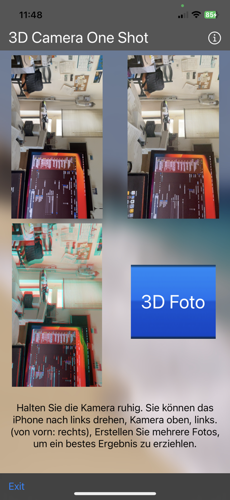 3D Camera One Shot - User interface of the 3D Camera One Shot app showing dual lens previews and a merged anaglyph 3D photo