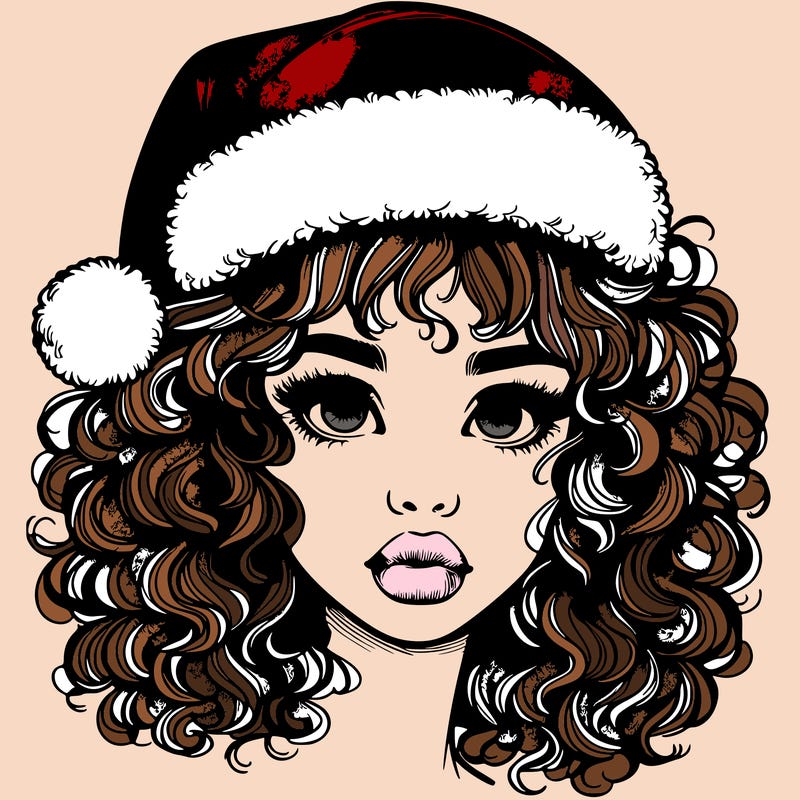 realistic girl with a santa hat curly hair and lips