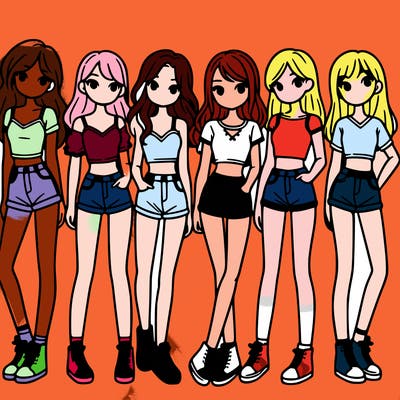 a group of girls wearing crop tops and shorts