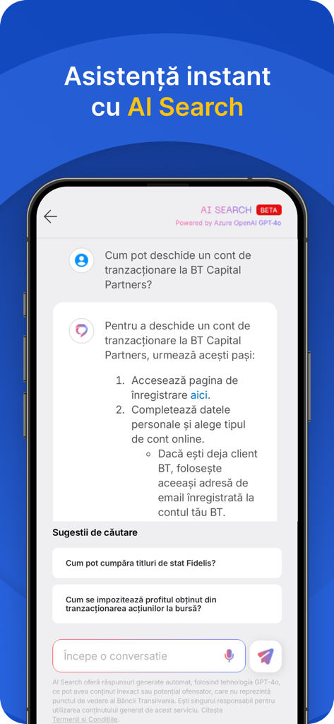 BT Trade - AI Search interface in the BT Trade app providing instant financial and trading assistance
