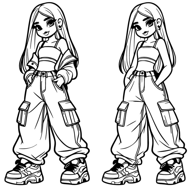 girl with baggy jeans and crop top with long hair and nike shoes