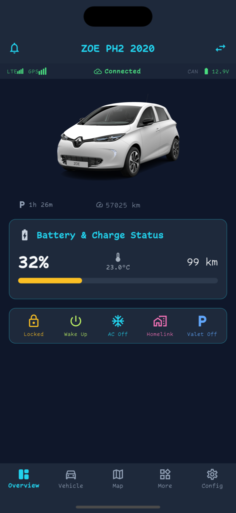 Panel de OVMS Connect mostrando el estado de la batería del vehículo eléctrico y controles remotos