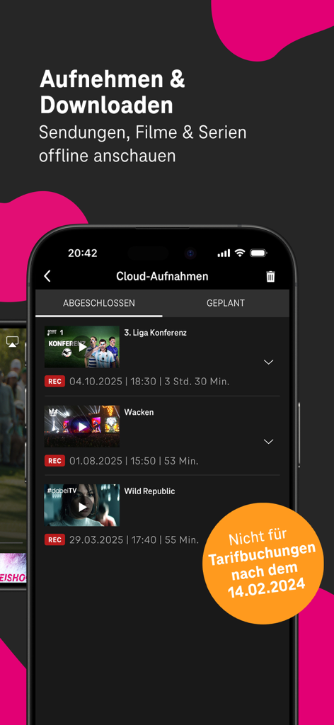 オフライン視聴用のMagentaTVクラウド録画を表示するスマートフォンの画面