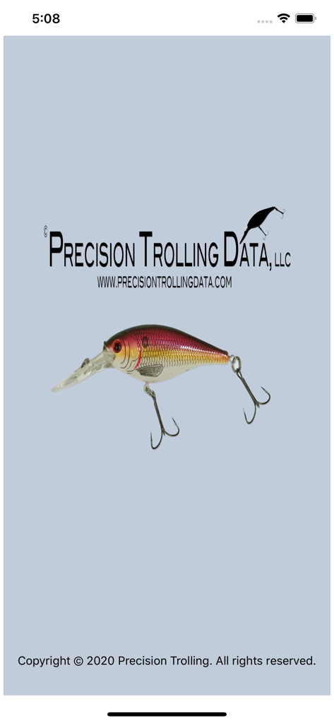 Precision Trolling Data app startup screen featuring a fishing lure
