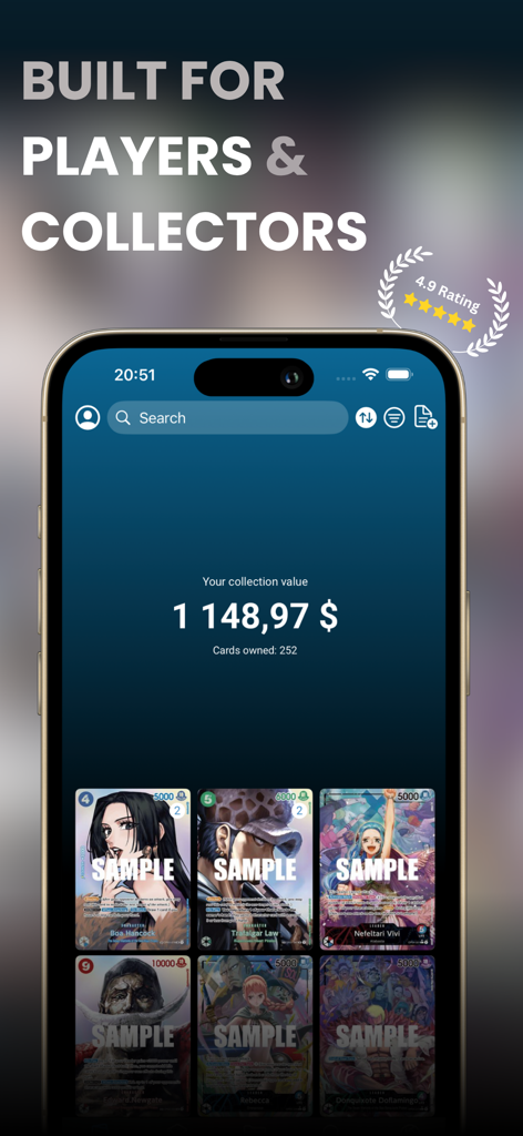 Logia: for One Piece Card Game - Smartphone screen showing the Logia app for One Piece Card Game with collection value tracking and a card gallery.