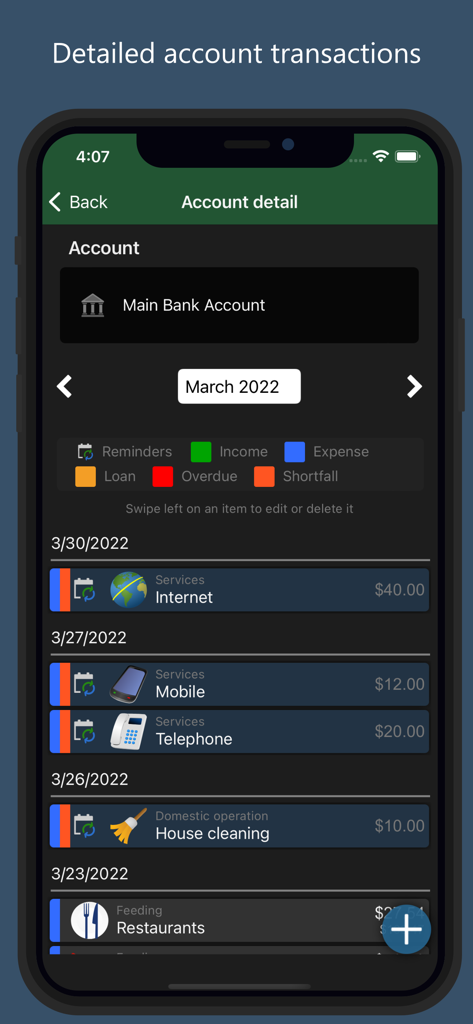 Una pantalla de teléfono móvil que muestra una lista de transacciones en la aplicación Homeasy categorizadas por servicios y operaciones domésticas.
