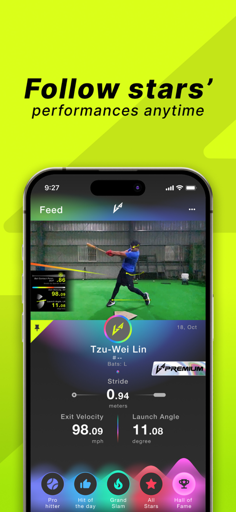 b4-app: AI Batting Partner - Mobile screen showing professional baseball player swing metrics including exit velocity and launch angle in the b4 app feed
