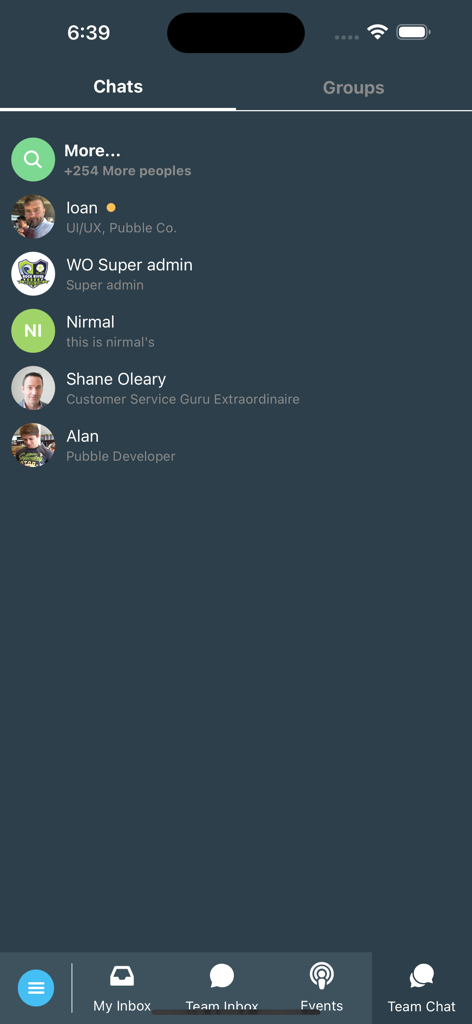 Chatify mobile app interface showing a list of active team chats and team member roles.