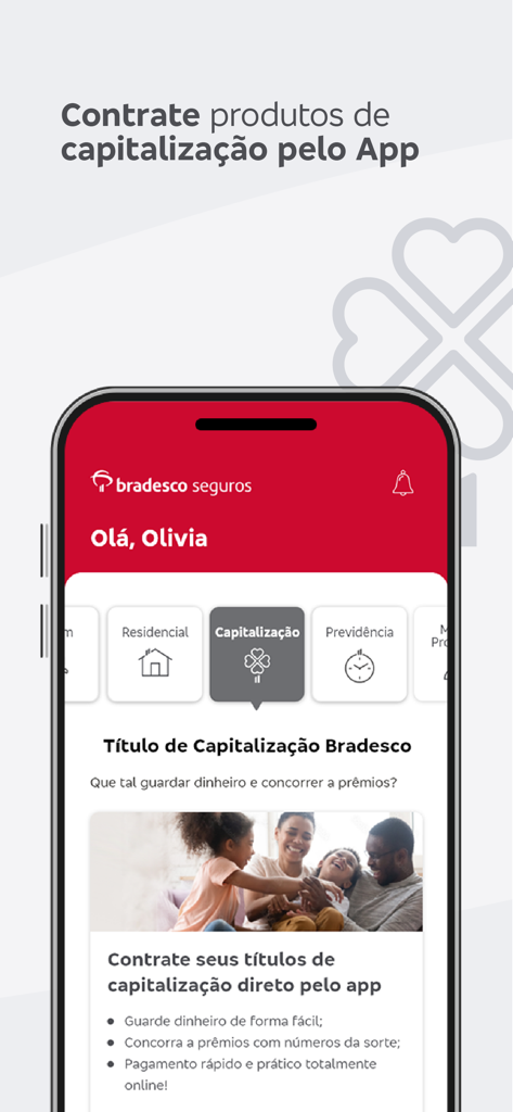 Bradesco Seguros mobile app interface showing capitalization bond services and features