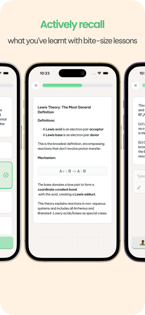 Pallo - Pallo app interface showing a bite-sized chemistry lesson on Lewis Theory for active recall