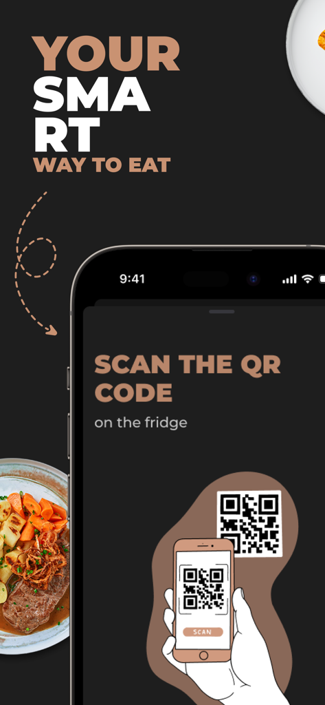 EatSmart by Perfect - EatSmart app user interface showing how to scan a QR code on a smart fridge.