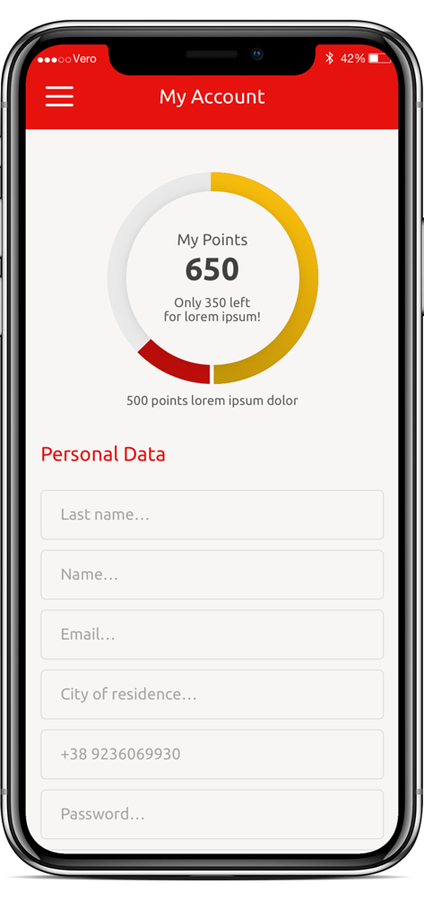 Super Vero - Super Vero app My Account screen showing current loyalty points progress and personal data fields