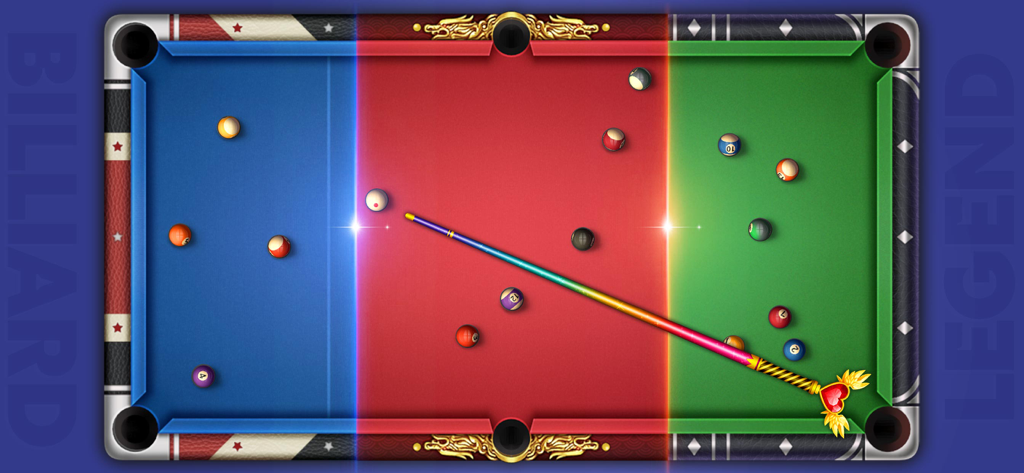 Billiard Legend - Ball Games - A top down view of a billiard table with unique blue red and green surface sections and a stylish decorative cue