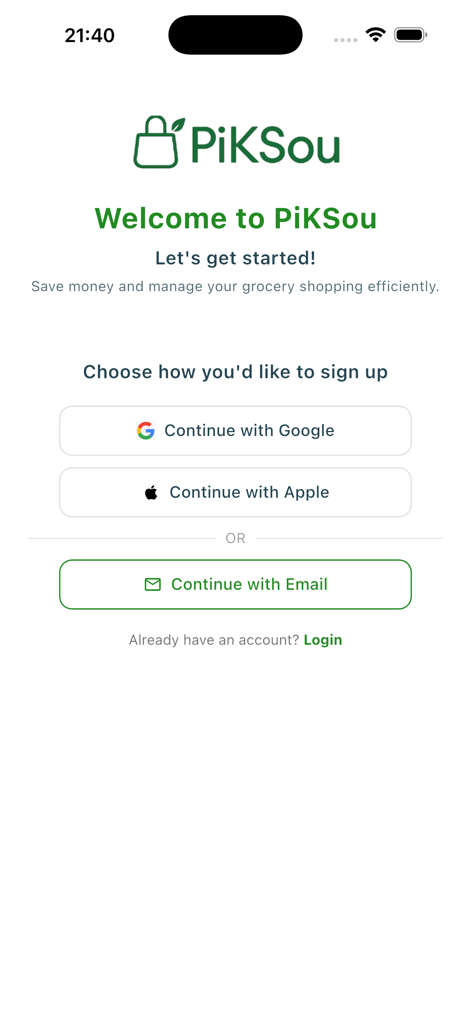 PiKSou - PiKSou app welcome screen with signup options for Google Apple and email