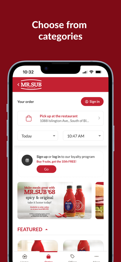 MR. SUB - Official - Pantalla de inicio de la app MR. SUB que muestra opciones de recogida en el restaurante y el programa de recompensas de fidelidad.