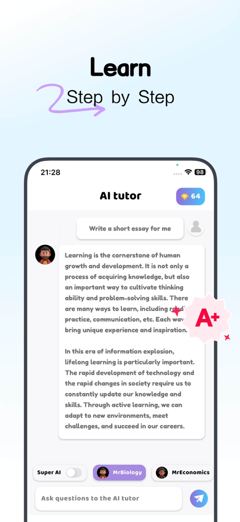 Goth AI - Math Problem Solver - Screenshot of Goth AI app showing an AI tutor generating a short essay for a student.