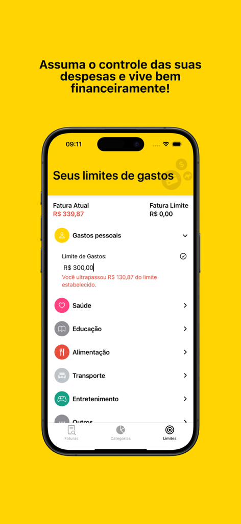 Mil - Oberfläche der Mil Finanz App, die Ausgabenlimits und Budgetkategorien auf einem iPhone anzeigt